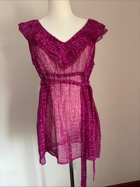 Motherhood Magenta Sheer Ruffle V-Neck Tunic